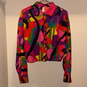 Colorful Abstract Print Cropped Button Up Blouse Retro Style Size 1X